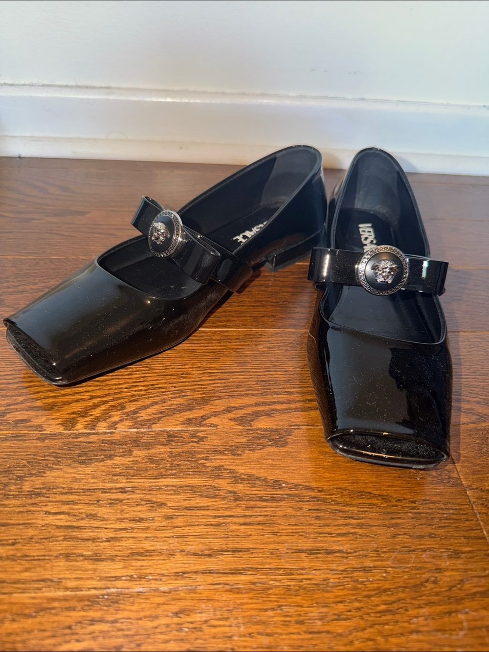 Versace Black Patent Leather Mary Jane Flats with Medusa Buckle